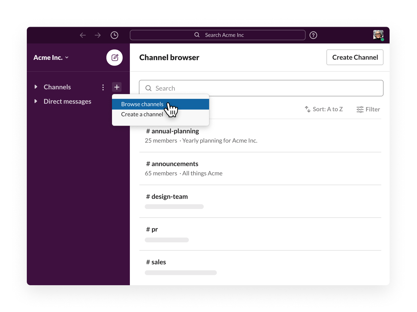 Find and start conversations Slack