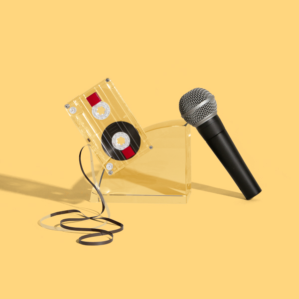 A microphone and cassette display the quickly evolving media landscape.
