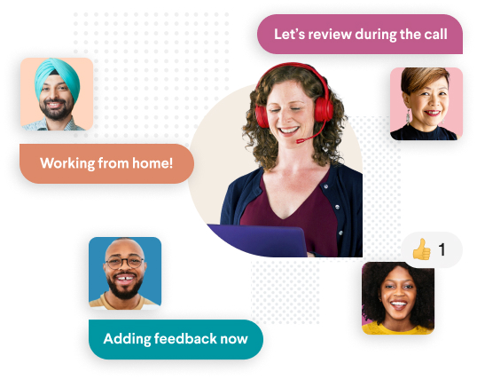 A Slack channel surrounded by people’s profile photos and messages like “Working from home!” and “Commuting, be there soon”