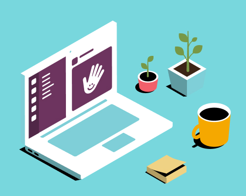 Illustration of a laptop, notepad, coffee mug, and plants.