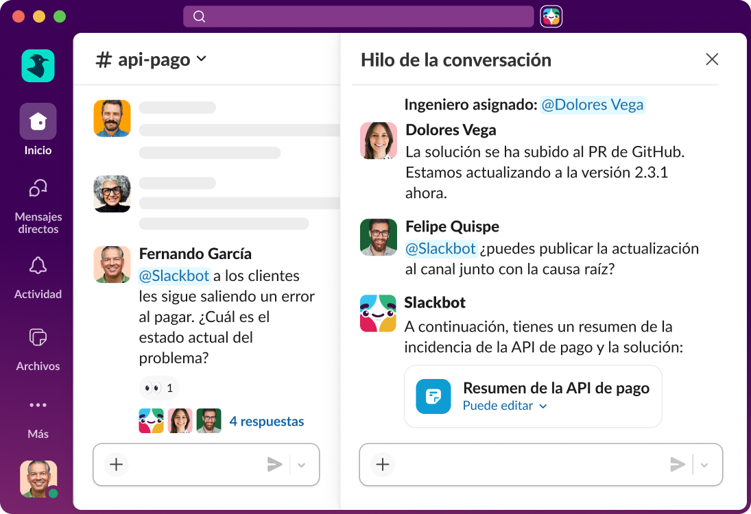Slackbot está etiquetado en un canal y proporciona un resumen de una incidencia en curso