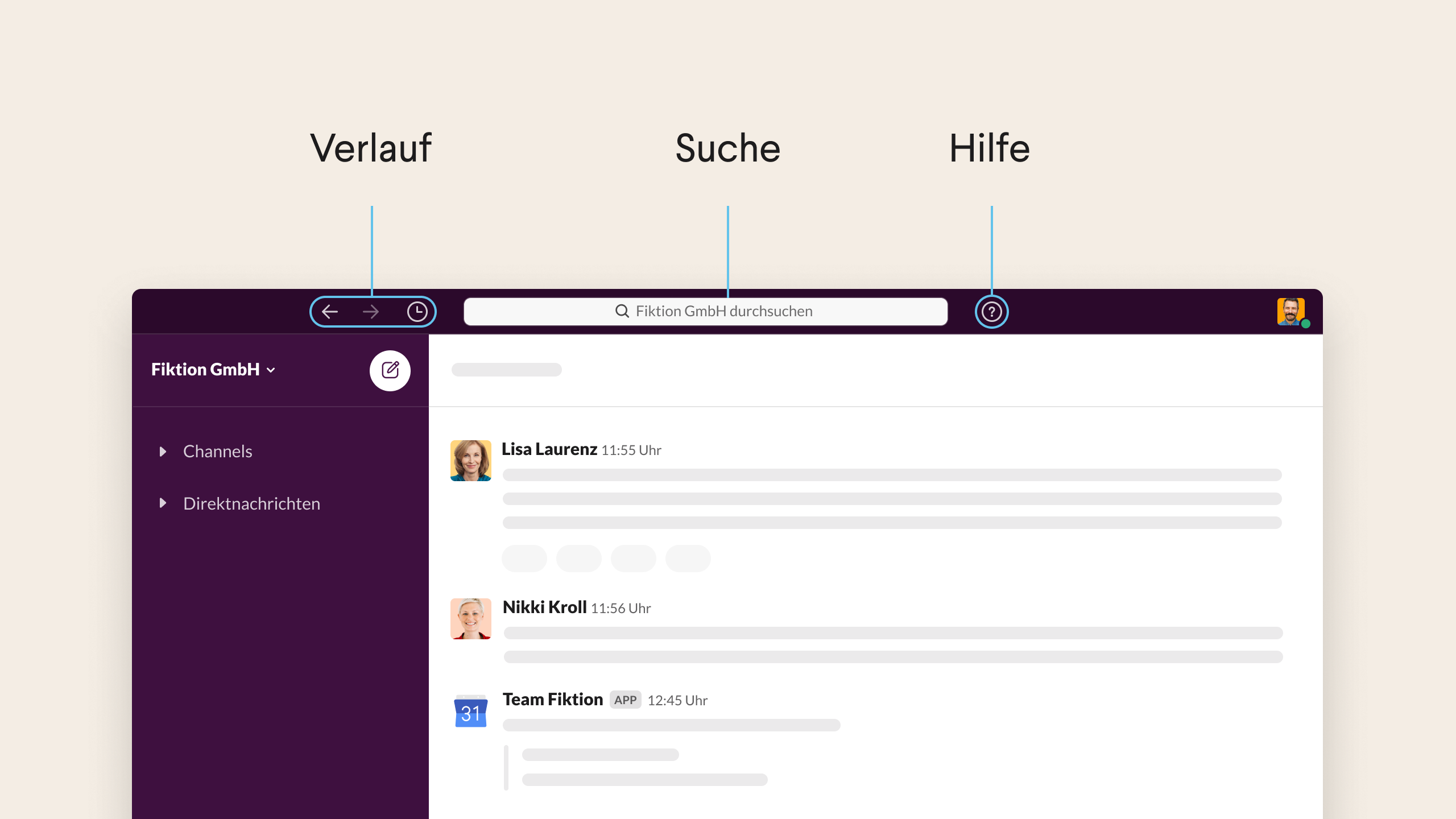 Oberer Bereich der Desktop-App von Slack mit Navigationssymbolen und Suchleiste