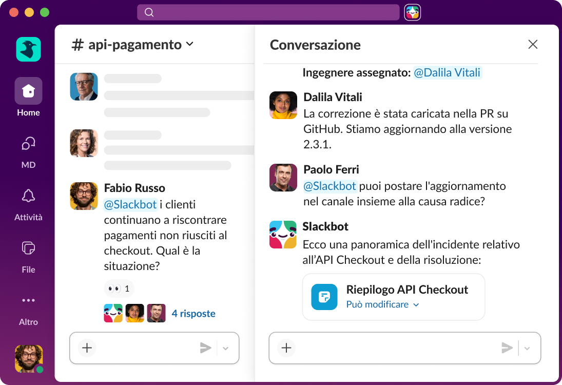 Slackbot viene taggato in un canale e fornisce il riepilogo di un incidente in corso