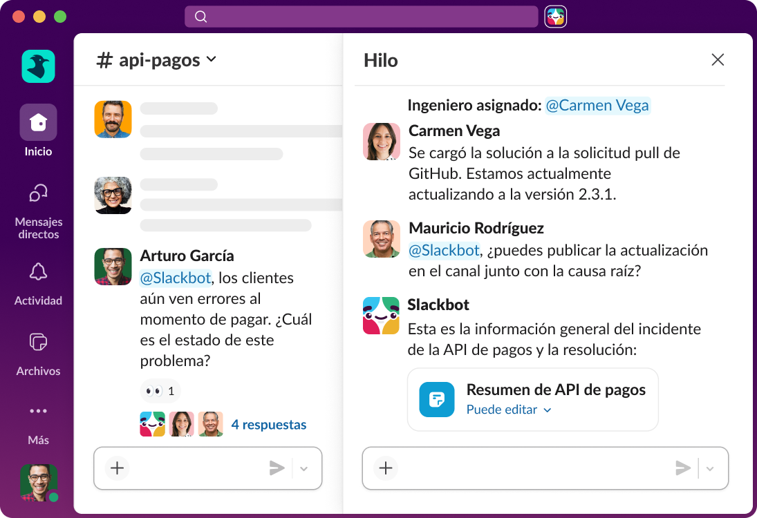Se menciona a Slackbot en un canal y proporciona un resumen de una incidencia en curso