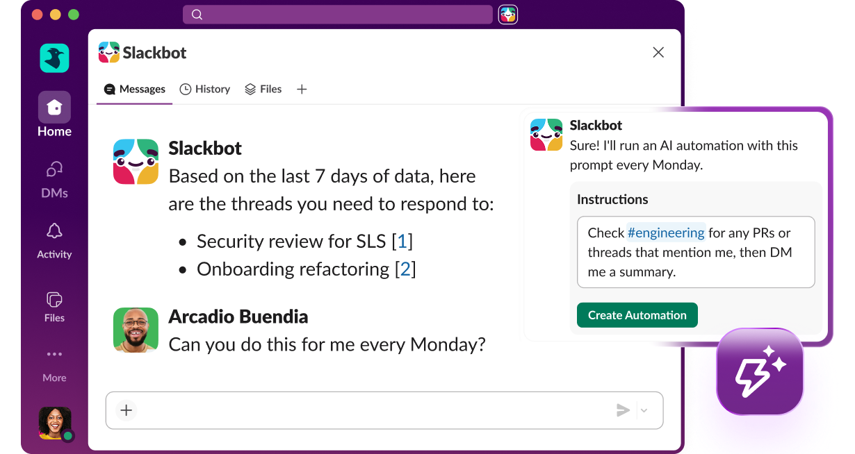 Can you do this for me every Monday? Slackbot turns the request into an automation that checks #engineering for PRs and threads that mention me, then DMs a summary.