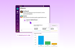 Slackbot answering a pipeline question in Slack, next to a revenue forecast chart