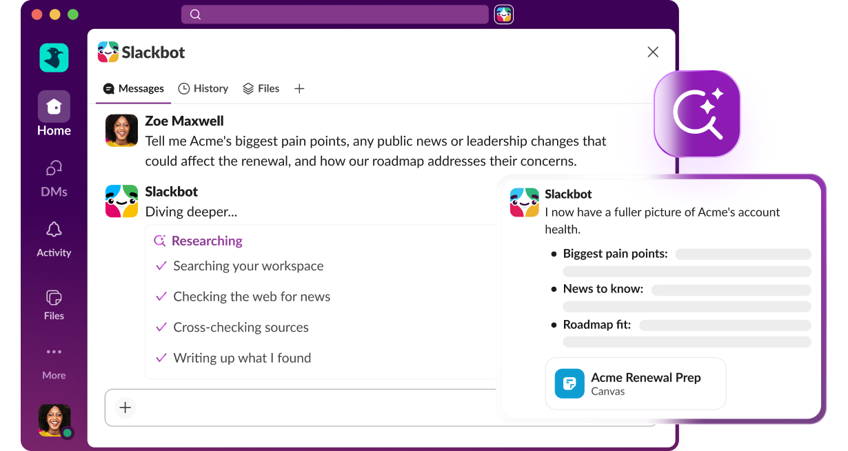 Tell me Acme’s biggest pain points, any public news or leadership changes that could affect the renewal, and how our roadmap addresses their concerns.