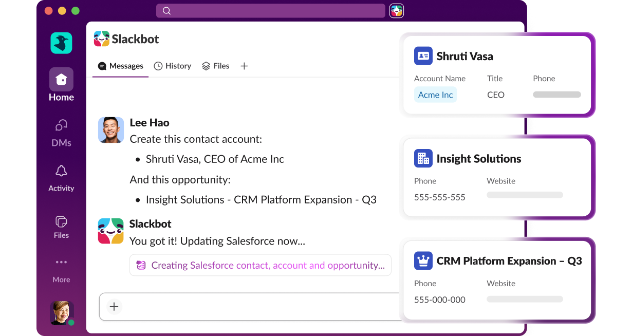 Create this contact account: Shruti Vasa, CEO of Acme Inc. And this opportunity: Insight Solutions – CRM Platform Expansion – Q3.