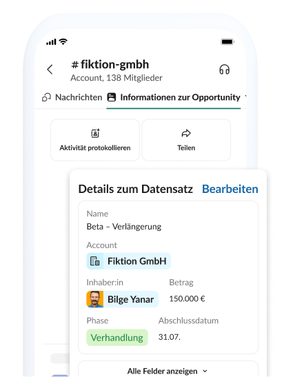 Eine Seite mit Details zu einer Opportunity, einschließlich Informationen zu Account und Datensatz sowie einer Option zum Teilen.