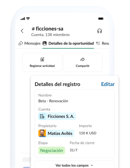 Una página de detalles de oportunidades con cuentas, registros e información compartida.