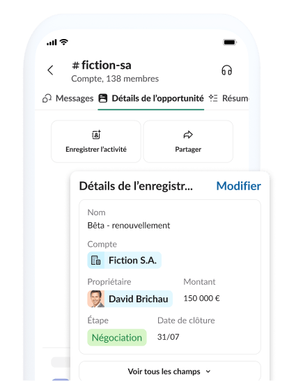 Page détaillant une opportunité et présentant des informations sur le compte, l’enregistrement et le partage.