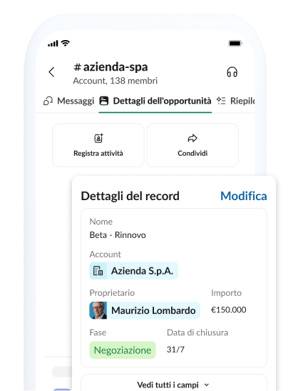 Una pagina di dettagli su un’opportunità, con informazioni su account, record e condivisioni.