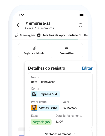 Uma página com detalhes da oportunidade, incluindo informações sobre conta, registro e compartilhamento.