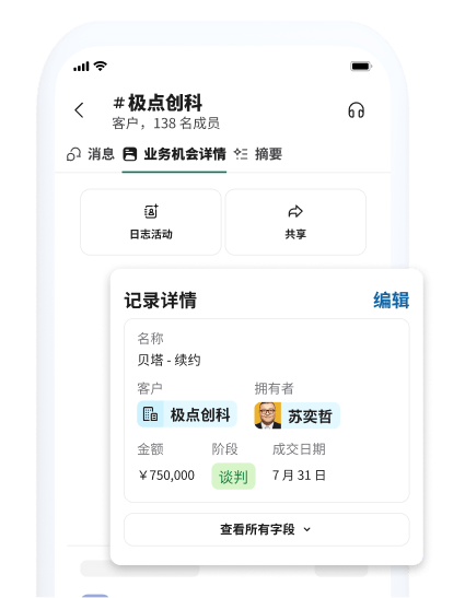 包含客户、记录和共享信息的业务机会详情页。
