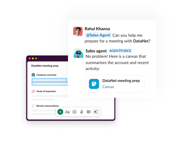 A chat with an agent shows a prompt and an offered canvas.