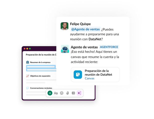 Un chat con un agente muestra una solicitud y el canvas ofrecido.