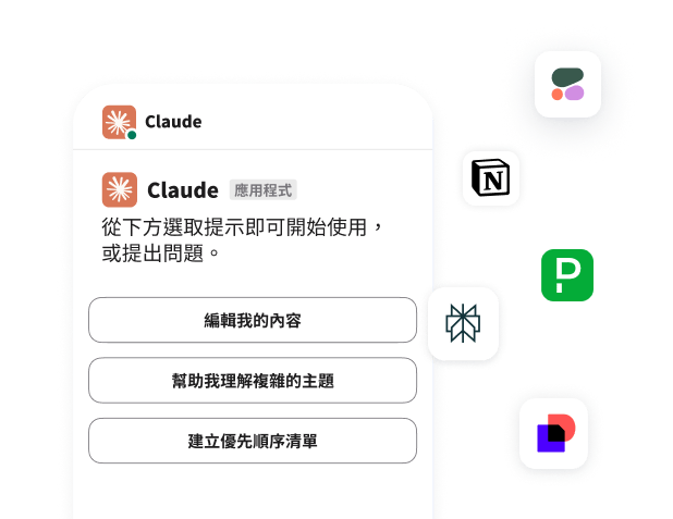 Slack 中的 Claude 應用程式，顯示諸如編輯內容或建立優先順序清單等的選項。