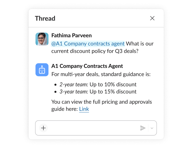 A thread between an employee and agent discussing discount policy for deals.