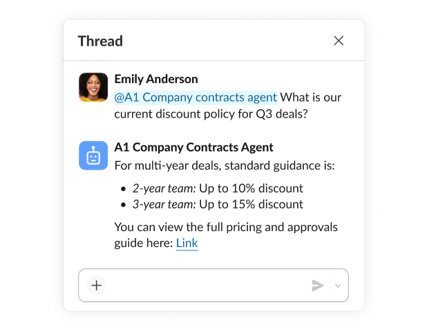 A thread between an employee and agent discussing discount policy for deals.