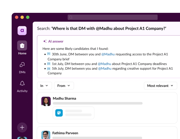 A search results page displays Al answers to a direct message inquiry.
