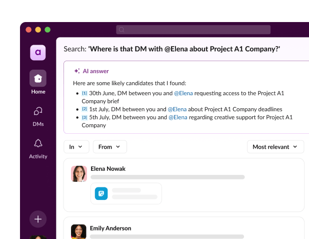 A search results page displays Al answers to a direct message inquiry.