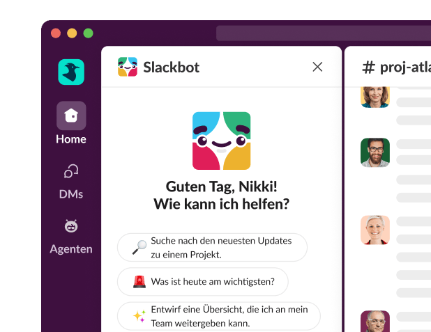 A Slackbot window displays, asking how it can help.