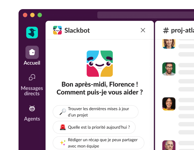 A Slackbot window displays, asking how it can help.