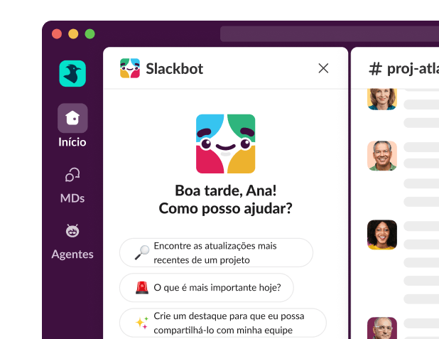 A Slackbot window displays, asking how it can help.