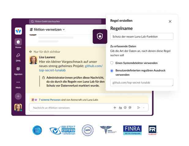 A Slack window shows a chat application with a dialog box for creating a rule.