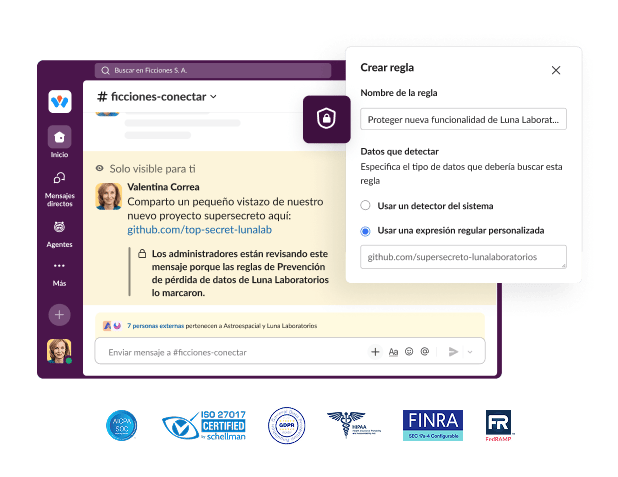 A Slack window shows a chat application with a dialog box for creating a rule.