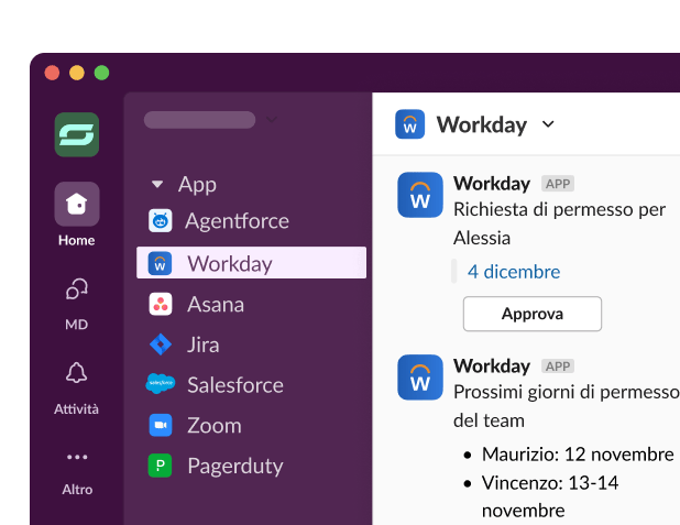 The Workday app in Slack displays app notifications and approval options.
