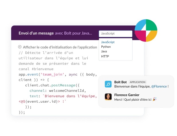 A form shows code for sending a message with Bolt for JavaScript.