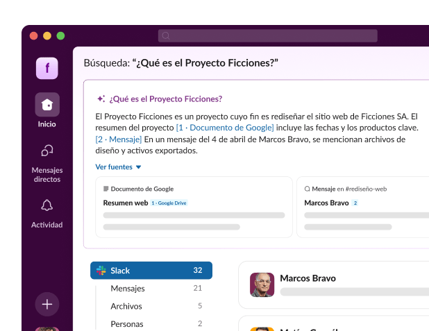 La interfaz de búsqueda de Slack muestra respuestas a la pregunta “¿Qué es Proyecto Ficciones?”.