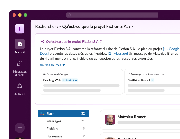 L’UI de recherche Slack affiche les réponses à la question « Qu’est-ce que le projet Fiction S.A. ? ».