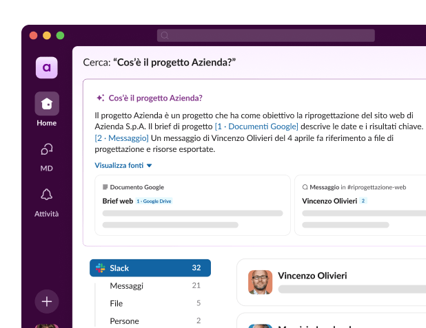L'interfaccia utente della ricerca di Slack mostra le risposte alla domanda “Cos’è il progetto Azienda?”.