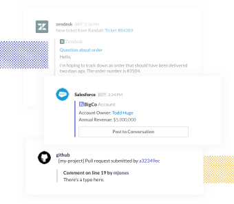 Automated messages from Zendesk, Github, and Salesforce apps. Salesforce integration displays customer account information with button to post to main converstation.